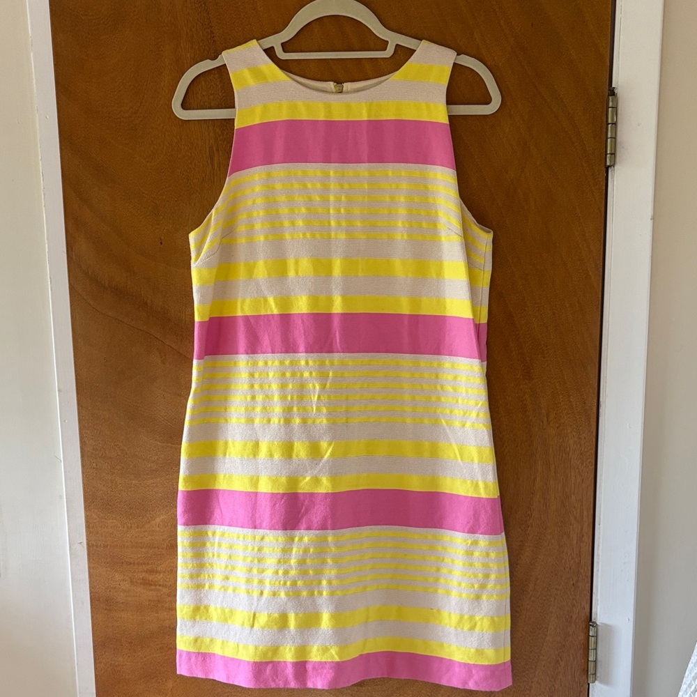 LOFT Pink and Yellow Striped Sleeveless Shift Dress
